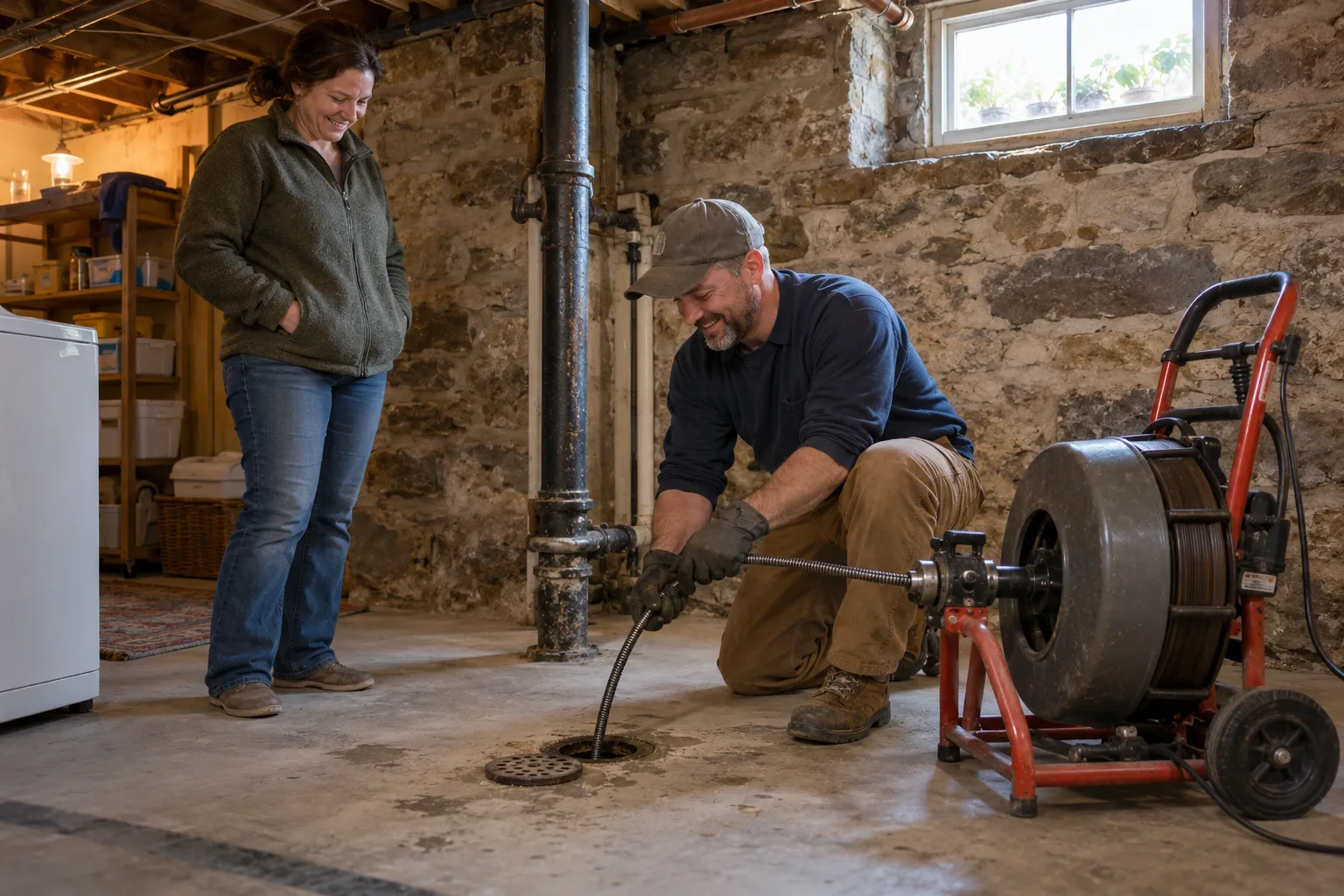 A friendly plumber clearing a basement drain for a homeowner in Haverhill
