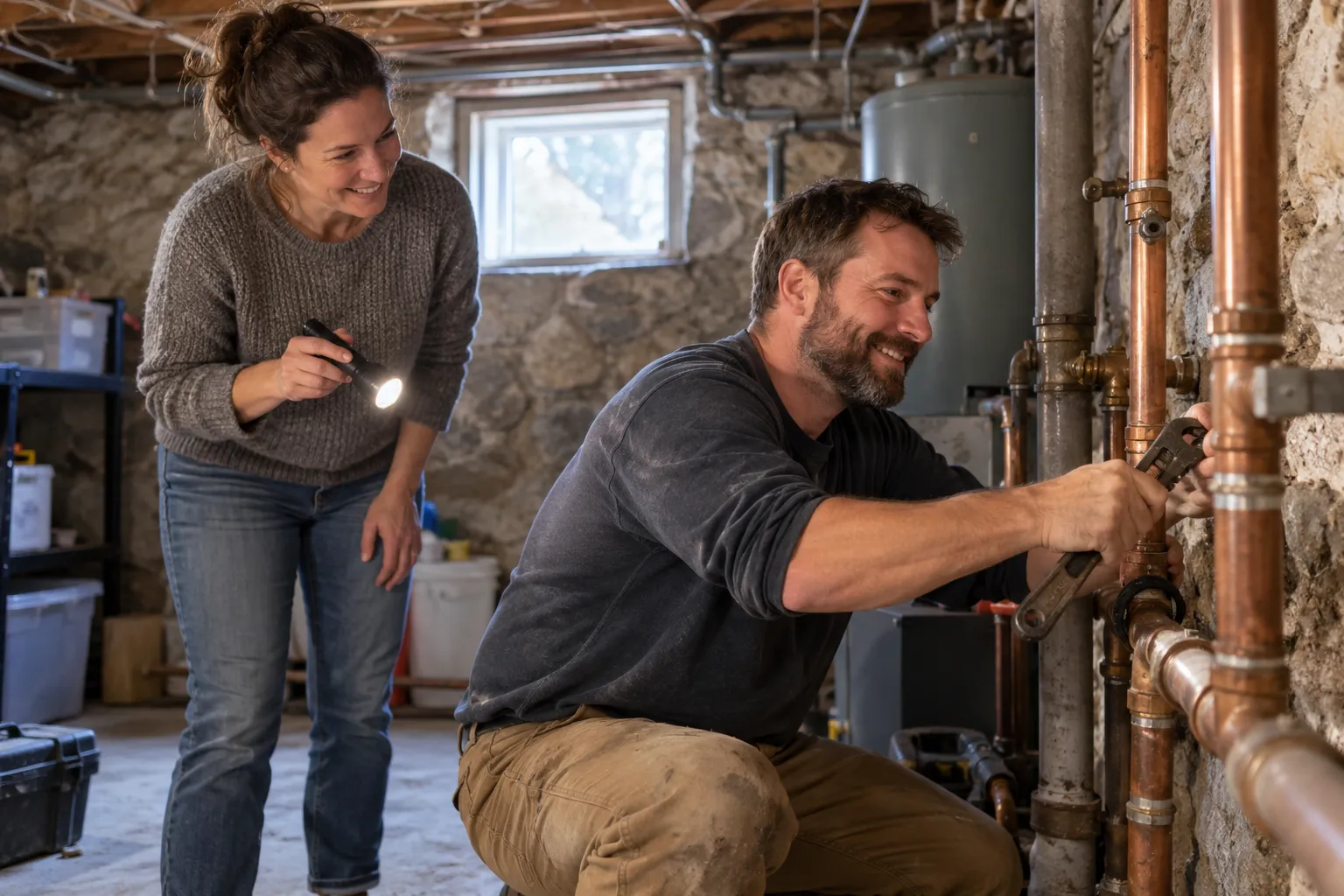 Friendly local plumber checking a pipe under a kitchen sink while a homeowner looks on in Haverhill