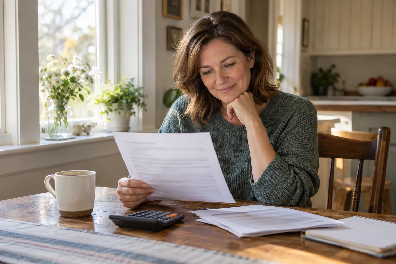 A homeowner reviewing a written plumbing quote at a kitchen table in the Haverhill area