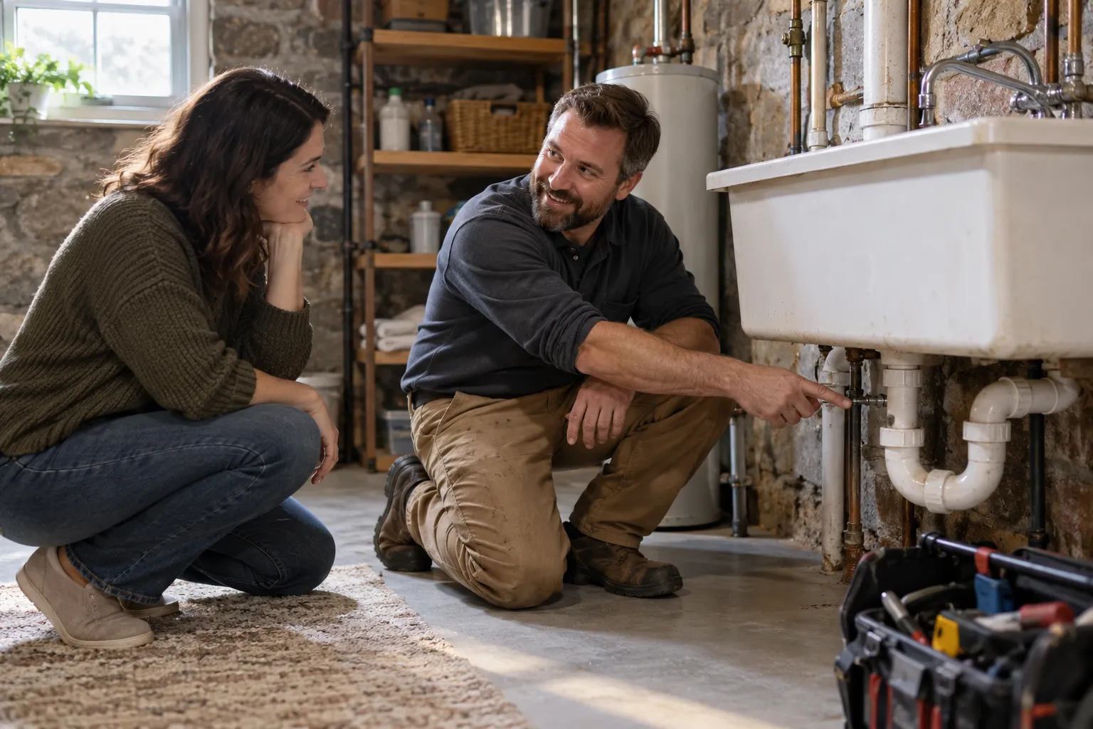 A friendly local plumbing provider talking with a homeowner beside a basement utility sink in Haverhill